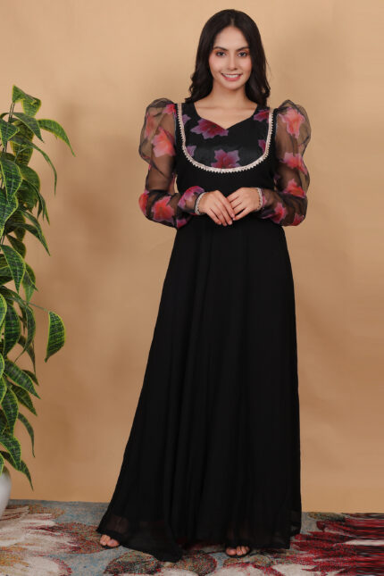 Black Anarkali Suit with Organza Sleeve